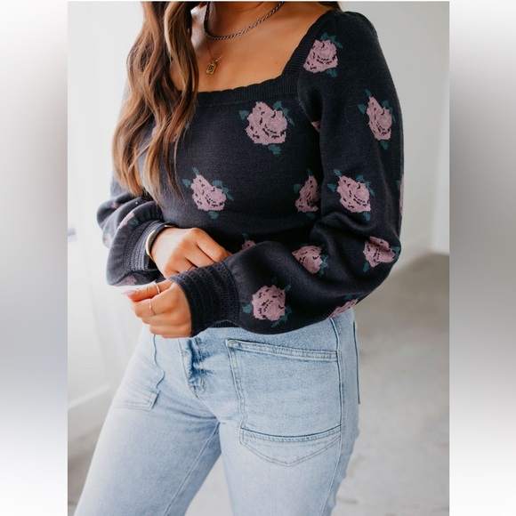 Hem & Thread Square Neck Floral Sweater Long Sleeve Charcoal Womens Size M - Picture 2 of 11